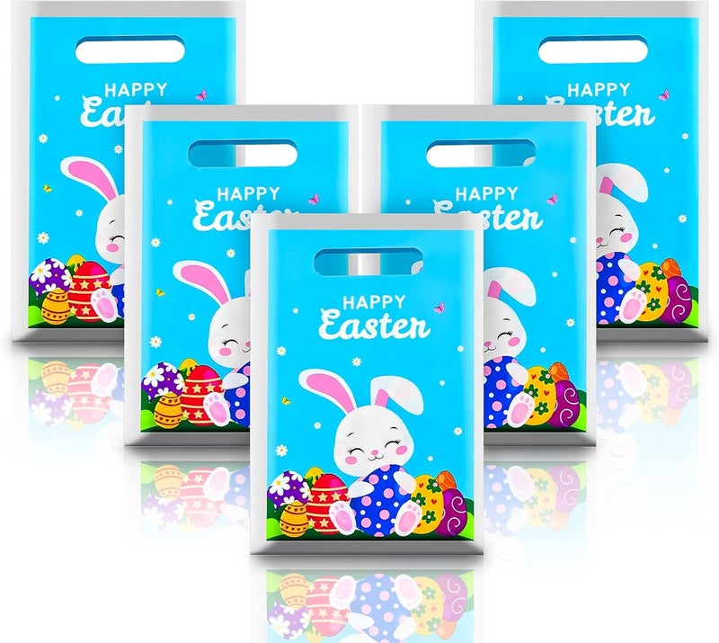 PERFQU 40 Pcs Happy Easter Gift Bags with handles - Spring Bunny Plastic Tote Bags, Blue Reusable Snack Treat Goody Candy Bag - Easter Cute Rabbit Party Favor Bags for Kids Eggs Hunt Party Supplies - Image 1
